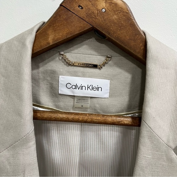 Calvin Klein Women's Linen Blend Open Front Boyfriend Blazer In Khaki Tan 14 - Picture 7 of 11